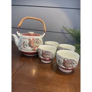 ASAHI JAPAN MCI TEA POT & SET 4 CUPS ROOSTERS & FLOWERS VTG Rare Tea Party